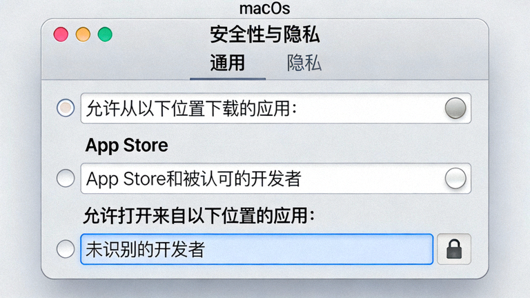 macOS系统安全性与隐私设置界面截图，显示允许运行来自未识别的开发者的应用选项