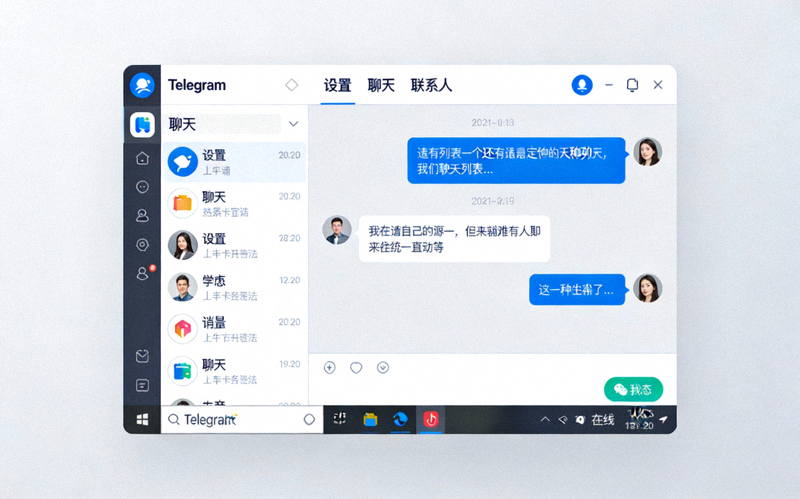 设置成功后的Telegram电脑版主界面截图，所有文字均已变为中文，例如设置、聊天、联系人等