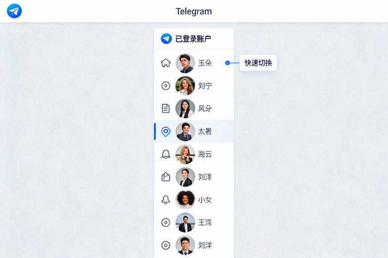 Telegram电脑版侧边栏显示多个已登录账户头像并可快速切换的界面截图