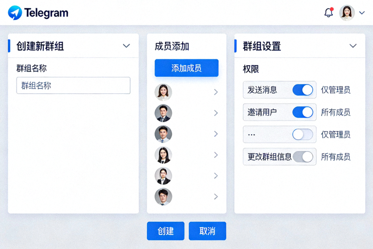 Telegram电脑版创建新群组和管理群组设置的界面截图，展示成员添加和权限配置