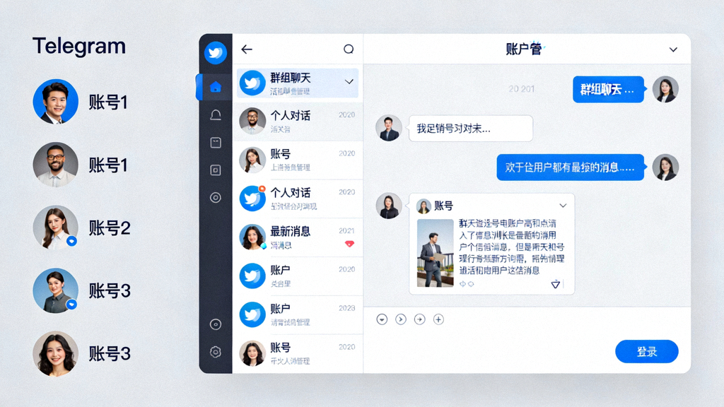 Telegram电脑版多账户管理界面展示，侧边栏显示多个已登录账号的头像和名称，主窗口展示当前活跃账号的聊天列表