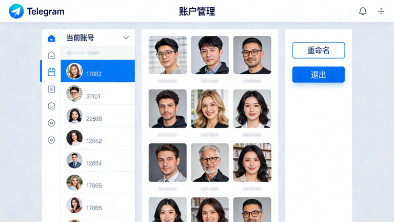 Telegram电脑版多账户管理设置面板截图，展示账号列表、重命名和退出选项