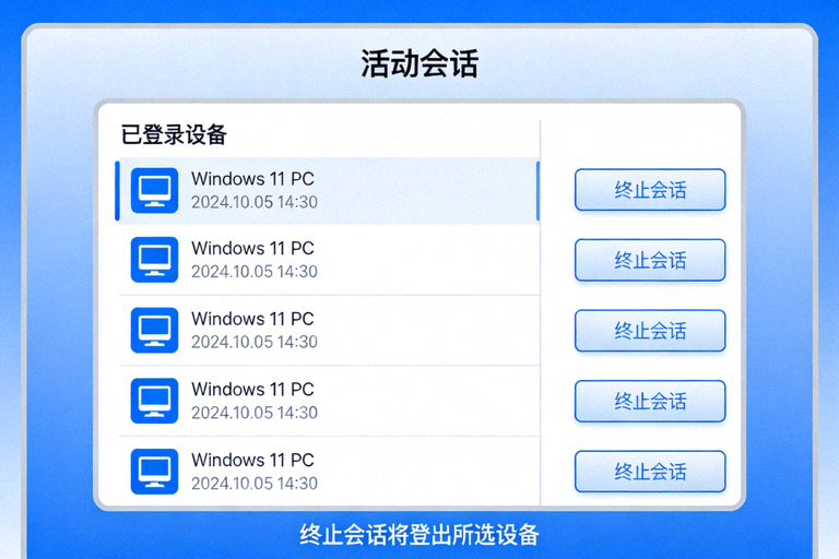 Telegram电脑版活动会话管理界面截图，展示已登录设备列表和终止会话选项