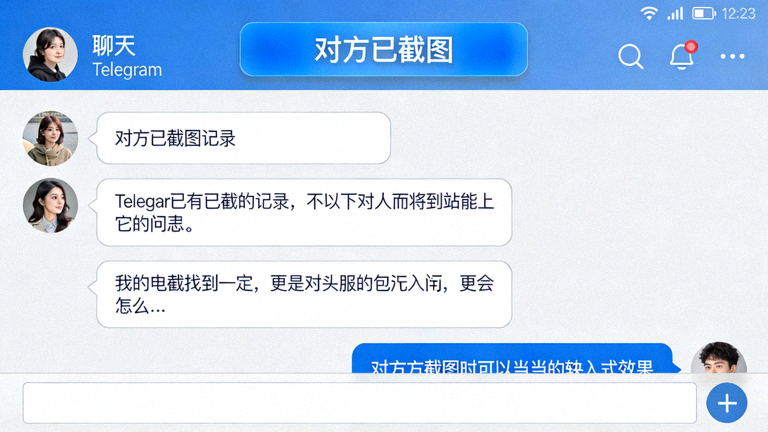 Telegram电脑版截图通知演示：当对方截图时，聊天界面会显示一条‘对方已截图’的系统提示