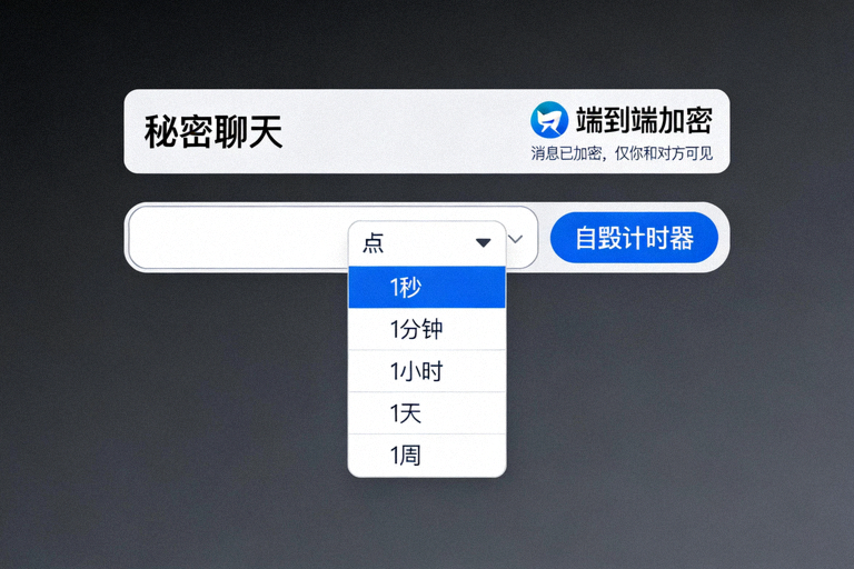 Telegram电脑版秘密聊天界面截图，展示端到端加密标识和自毁计时器设置选项