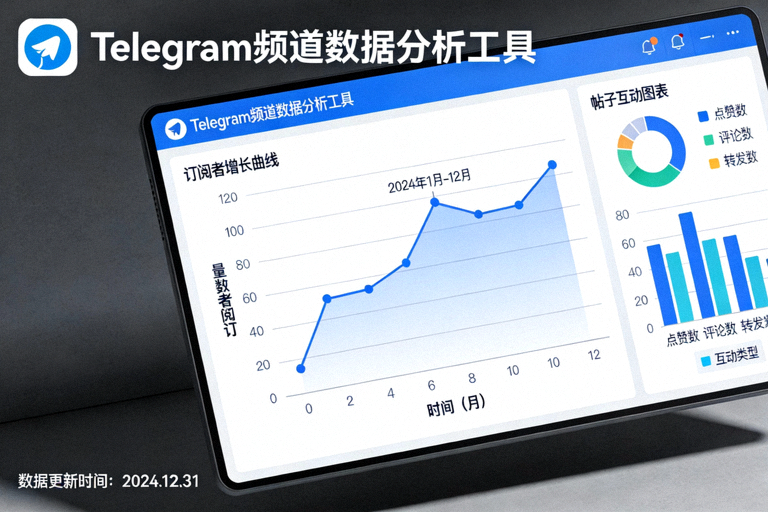 Telegram电脑版频道数据分析工具仪表盘截图，显示订阅者增长曲线和帖子互动图表