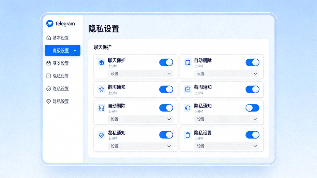Telegram电脑版全新隐私控制面板界面截图，展示分类清晰的隐私设置选项，如聊天保护、自动删除、截图通知等