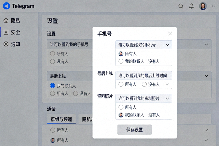 Telegram电脑版隐私与安全设置面板详细截图，展示各项隐私选项如手机号、最后上线、资料照片等