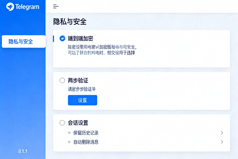 Telegram电脑版隐私与安全设置面板的详细截图，展示端到端加密、两步验证和会话设置选项