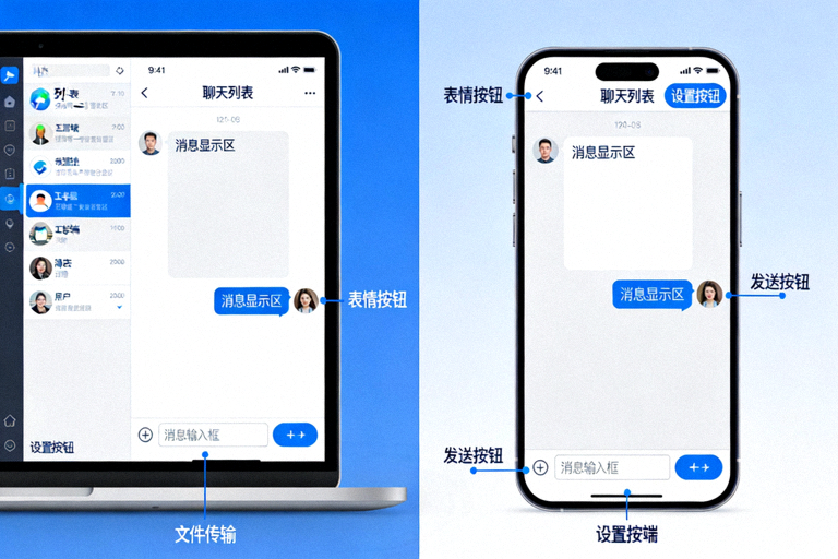 Telegram电脑版与手机版界面并排对比图，展示布局、功能区和操作方式的差异