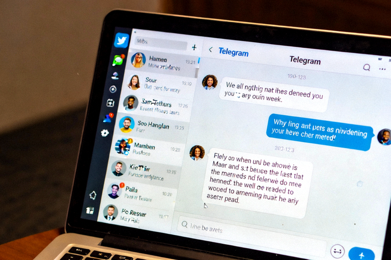 Telegram电脑版在笔记本电脑上运行的界面截图，展示清晰的聊天列表和对话窗口