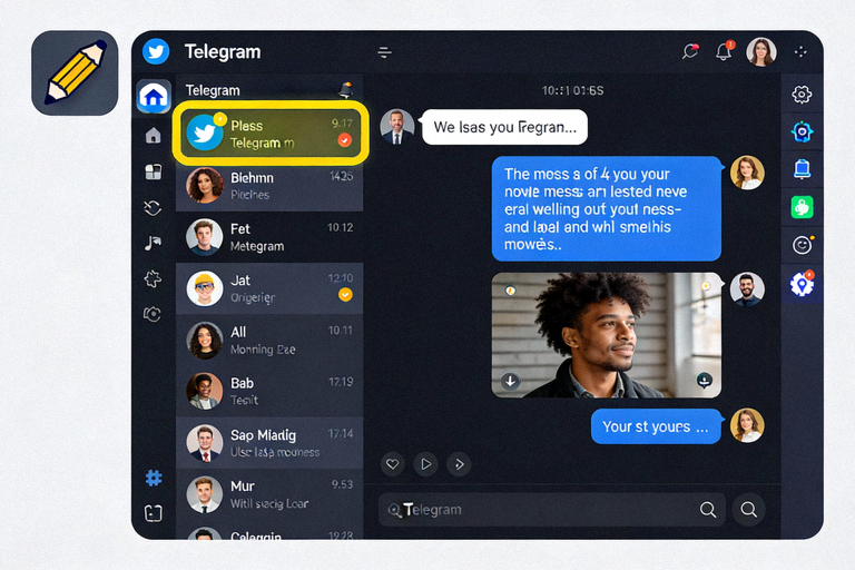 Telegram电脑版主界面截图，高亮显示左上角的新建消息按钮（铅笔图标）