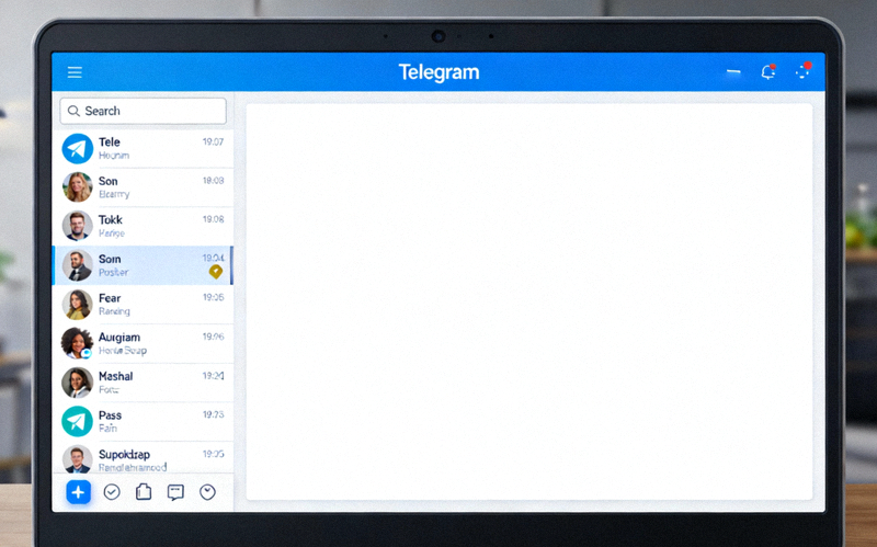 Telegram电脑版主窗口截图，显示左侧的聊天列表和右侧的空白对话区域
