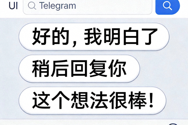 Telegram聊天窗口下方显示三个AI生成的智能回复建议，例如‘好的，我明白了’、‘稍后回复你’和‘这个想法很棒！’