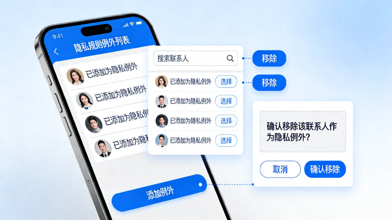 Telegram隐私设置中的例外列表管理界面，展示如何添加或移除特定联系人作为隐私规则的例外