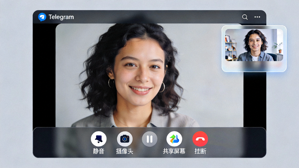 Telegram桌面版视频通话界面演示，展示通话中的控制按钮和画中画功能