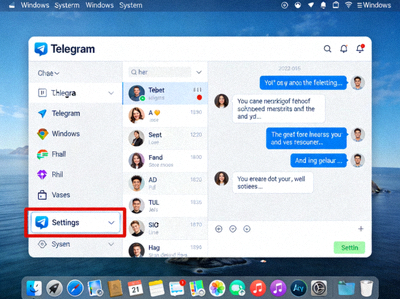 Windows系统Telegram客户端截图，左下角用红框高亮标出了Settings（设置）菜单按钮