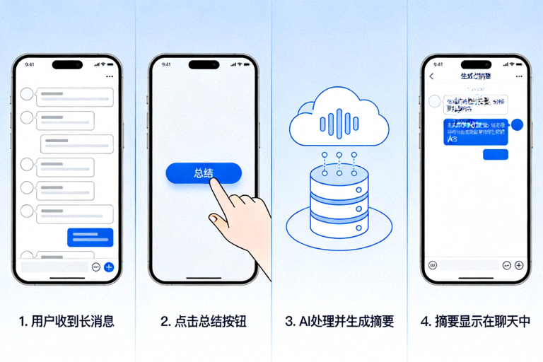 信息图展示AI助手工作流程：1. 用户收到长消息 2. 点击总结按钮 3. AI处理并生成摘要 4. 摘要显示在聊天中