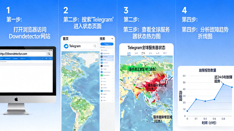 一张示意图，展示如何在Downdetector等网站上查看Telegram全球服务器状态图表