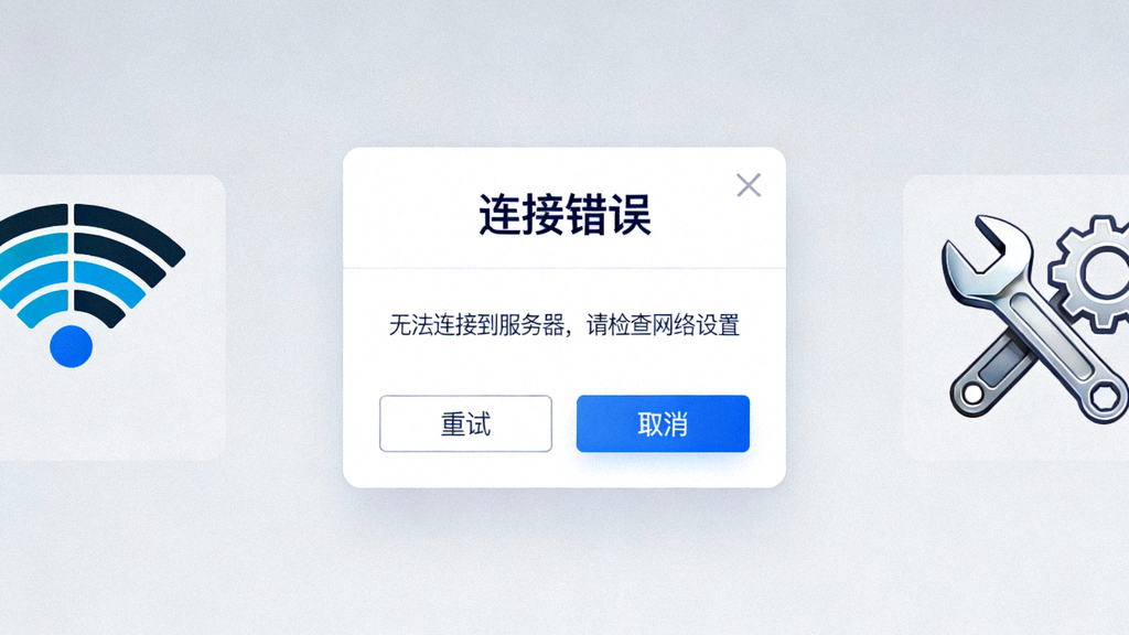 一张展示Telegram电脑版出现连接错误提示弹窗的示意图，旁边有代表网络信号的图标和修复工具图标