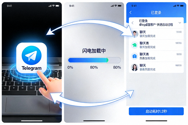 展示Telegram桌面客户端快速启动过程的动画示意图，突出其性能提升