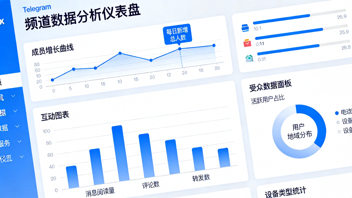 Telegram电脑版频道数据分析工具仪表盘截图，展示增长曲线、互动图表和受众数据面板