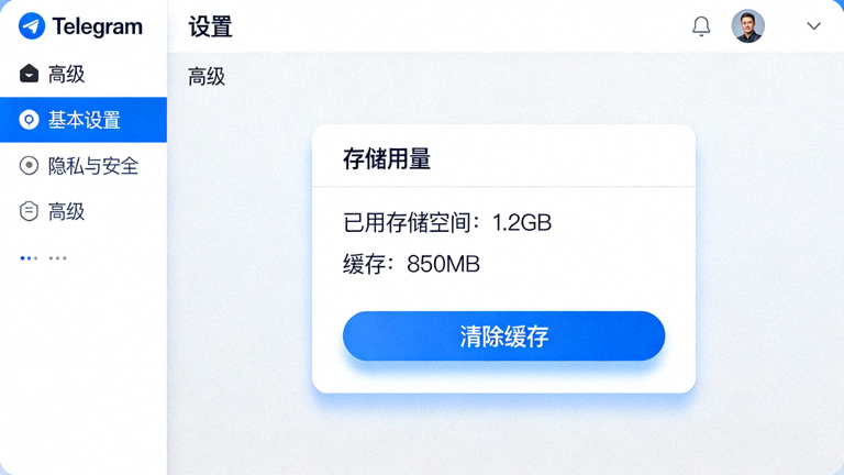 Telegram电脑版设置中存储用量和清除缓存选项的界面截图