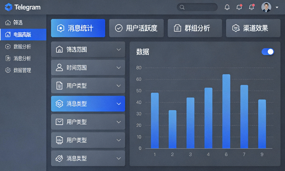 Telegram电脑版数据分析界面详细视图，展示多个数据标签页和筛选选项