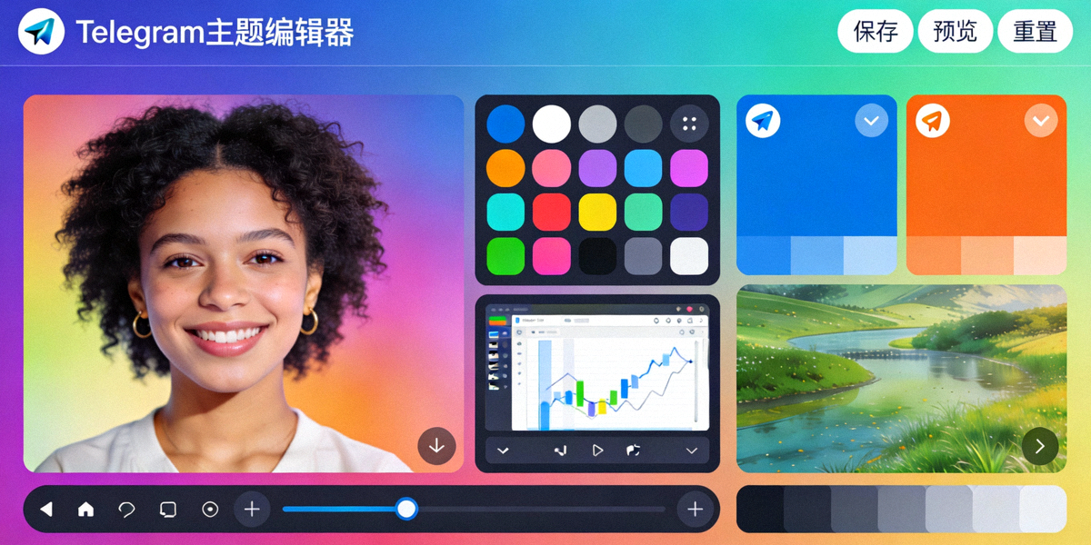 Telegram电脑版主题编辑器主界面横幅图，展示一个色彩丰富的自定义主题正在被编辑