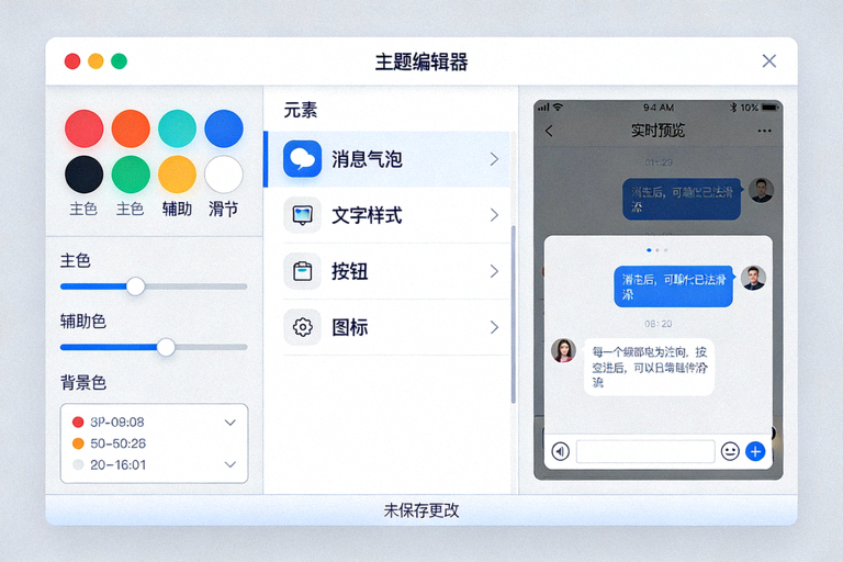 Telegram主题编辑器详细界面截图，展示颜色选择器、元素列表和实时预览面板