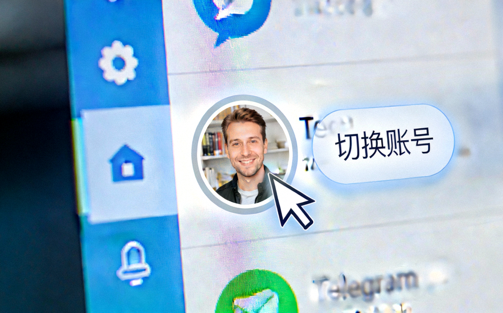 Telegram桌面端侧边栏账号切换区域特写，展示鼠标悬停在第二个账号头像上并显示切换提示