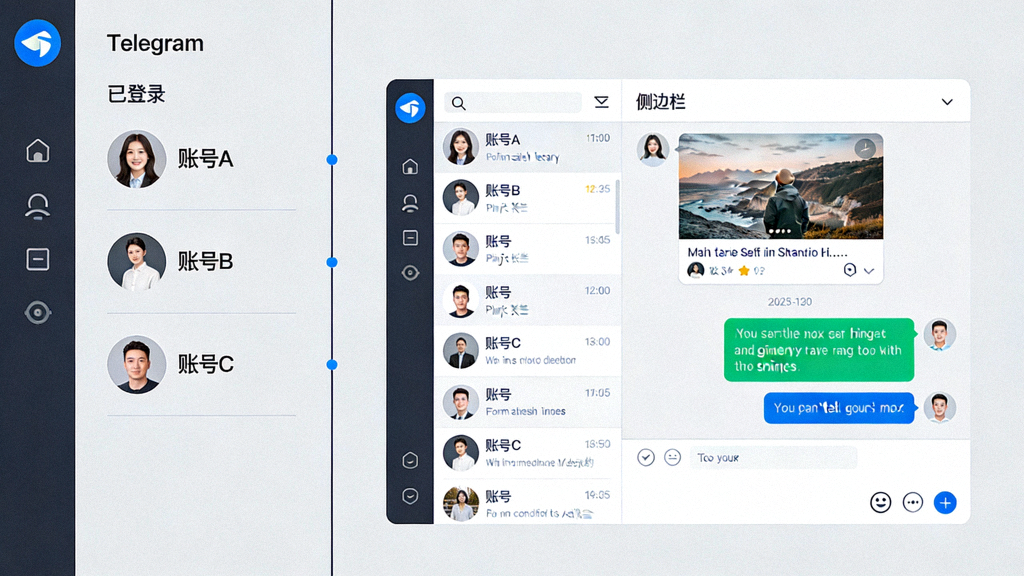 Telegram桌面端多账户管理界面展示，侧边栏显示已登录的三个不同账号头像和名称，主窗口为其中一个账号的聊天列表
