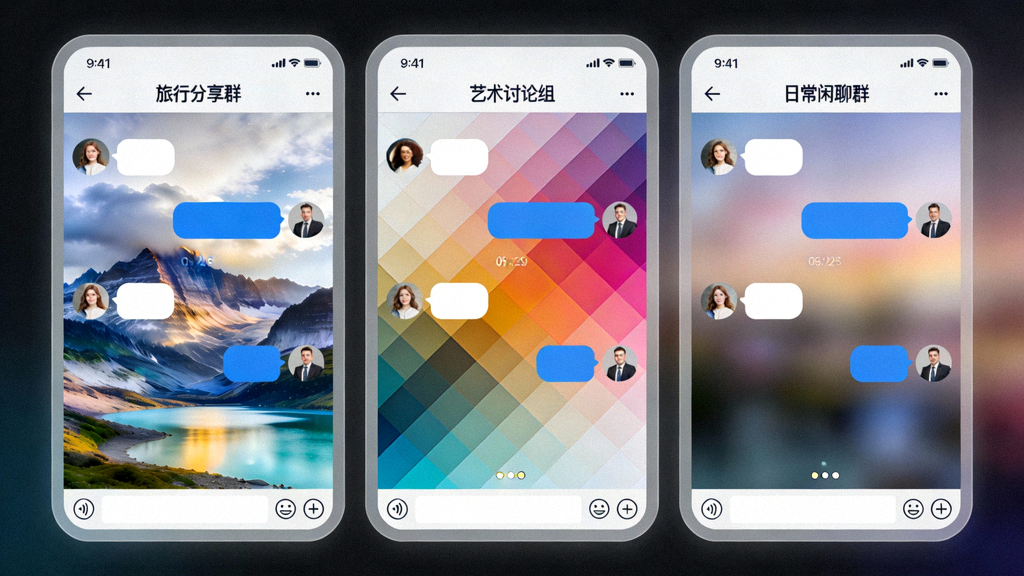 展示三个不同Telegram聊天窗口，分别使用了风景照片、抽象图案和模糊背景作为自定义聊天背景