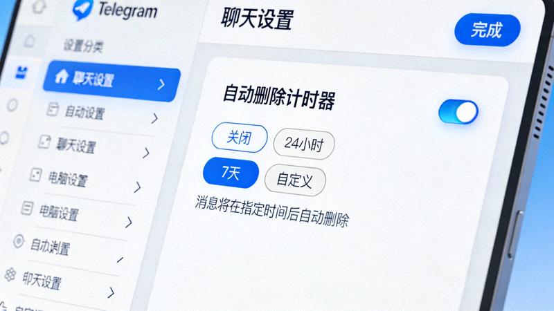 Telegram电脑版聊天设置中显示自动删除计时器选项的界面特写