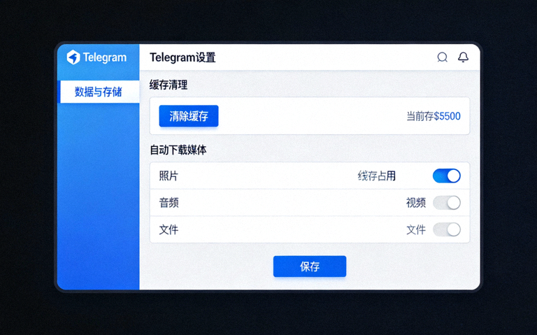 Telegram电脑版设置中的数据与存储管理界面截图，展示缓存清理和自动下载设置