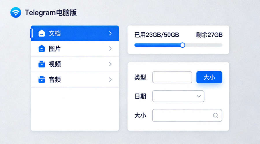 Telegram电脑版优化后的云存储管理面板截图，展示分类文件、存储空间使用情况和搜索过滤器