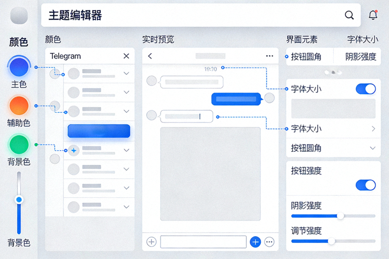 Telegram电脑版主题编辑器界面截图，展示颜色选择器、预览区域和各种界面元素的自定义选项