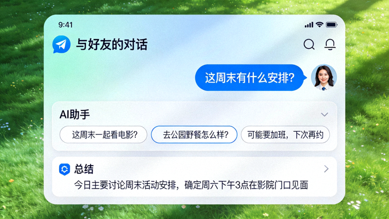 Telegram内置AI助手演示，展示智能回复建议和消息总结功能