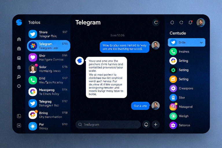 一个用户自定义的深色主题Telegram电脑版界面截图，展示了暗蓝色调和自定义图标颜色