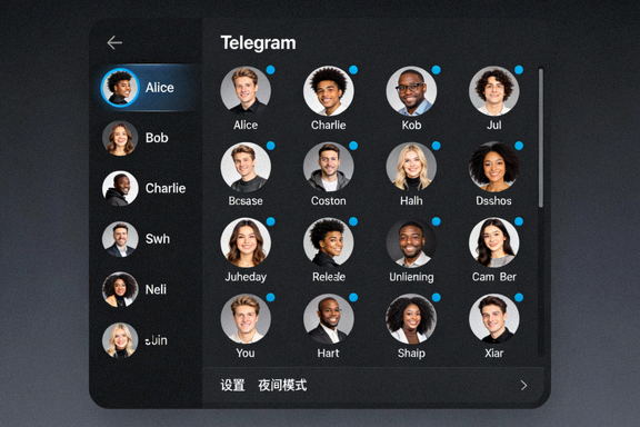 Telegram暗黑模式下的侧边栏联系人列表截图，界面柔和舒适