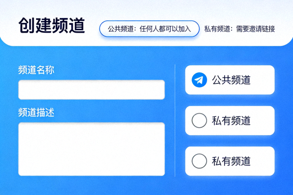 Telegram电脑版创建频道设置界面截图，展示频道名称、描述输入框，以及‘公共频道’和‘私有频道’的选择选项