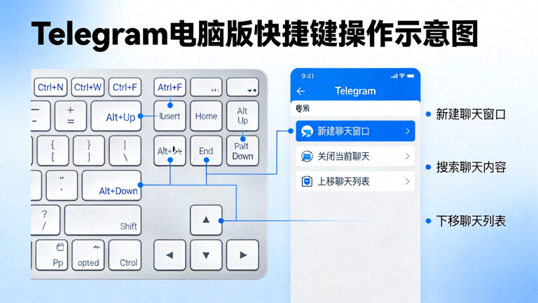 Telegram电脑版快捷键操作示意图 - 展示键盘与Telegram界面交互的视觉概念图