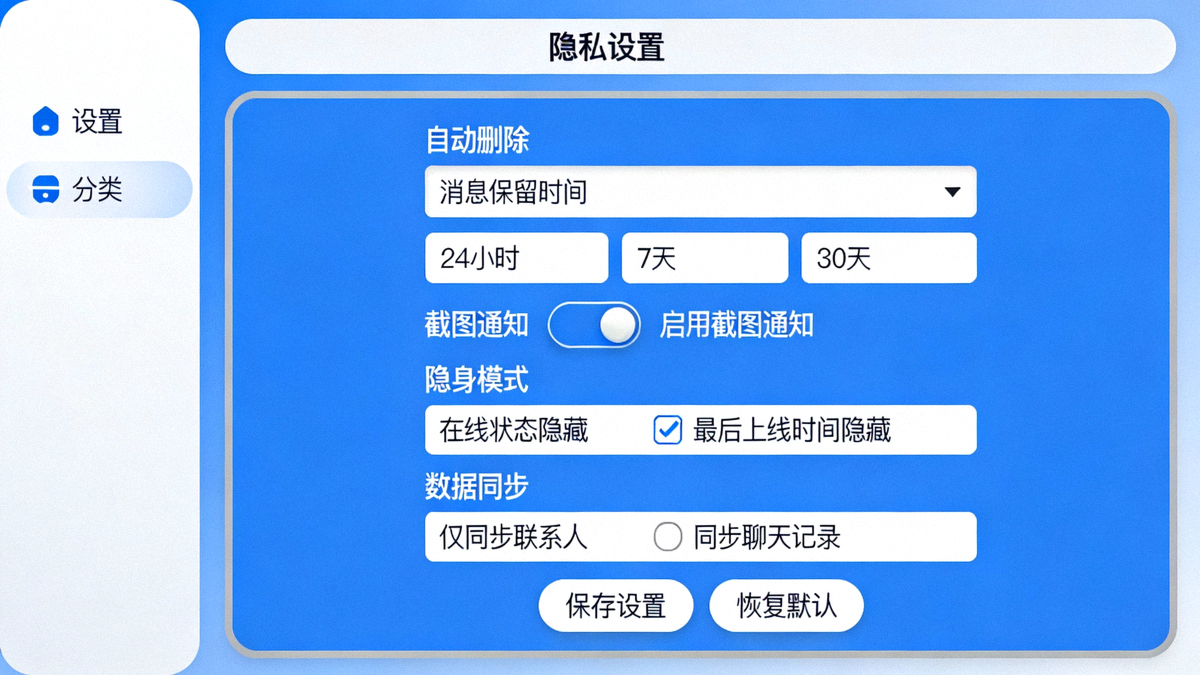 Telegram电脑版全新隐私控制面板界面截图，展示自动删除、截图通知等详细设置选项