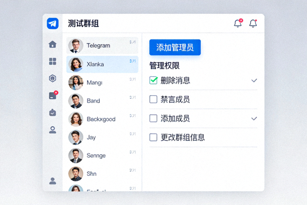Telegram电脑版群组成员管理界面截图，展示成员列表和‘添加管理员’按钮，以及管理员权限勾选选项