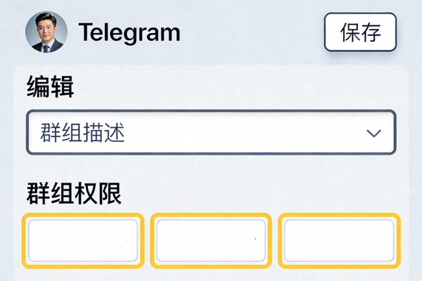 Telegram电脑版群组信息编辑界面截图，高亮显示‘编辑’按钮、群组描述输入框和‘群组权限’设置入口