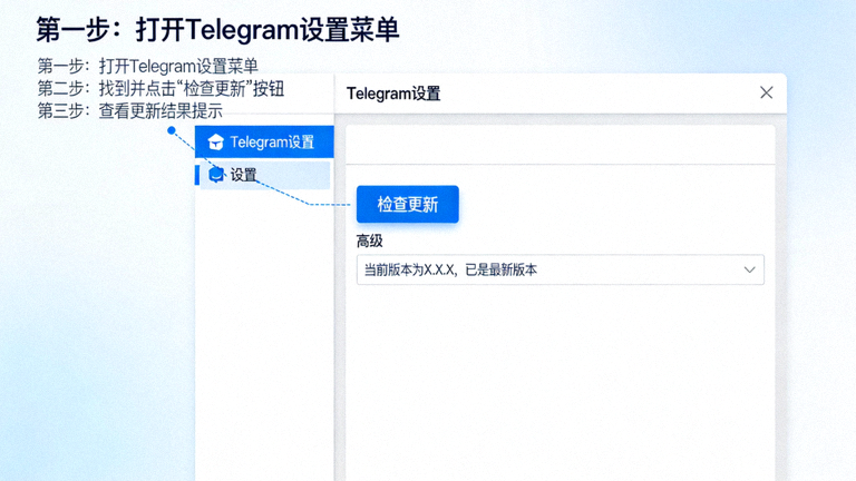 Telegram电脑版设置菜单中‘检查更新’选项的截图，指导用户如何手动更新软件