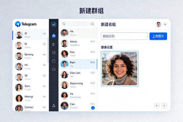 Telegram电脑版新建群组界面截图，展示左侧联系人选择列表和右侧的群组名称、头像设置区域