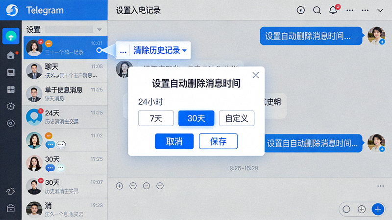 Telegram电脑版中为单个聊天设置自动删除消息时间的对话框界面