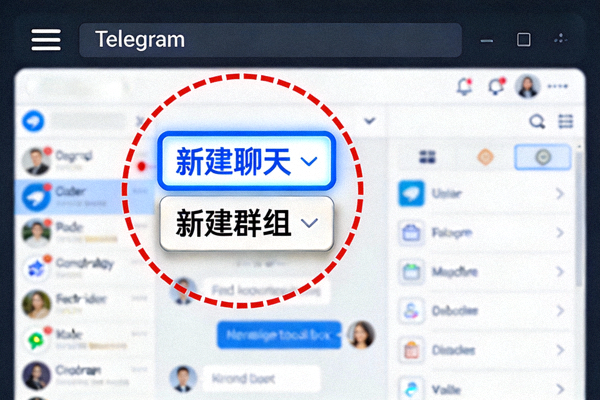 Telegram电脑版主界面截图，高亮显示左上角的三条横线菜单图标和‘新建聊天’按钮，并圈出‘新建群组’选项