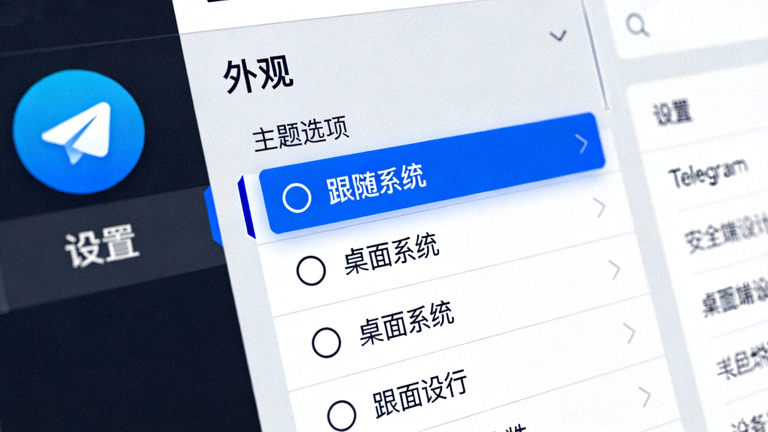 Telegram桌面版设置界面截图，展示‘跟随系统’主题选项被高亮选中